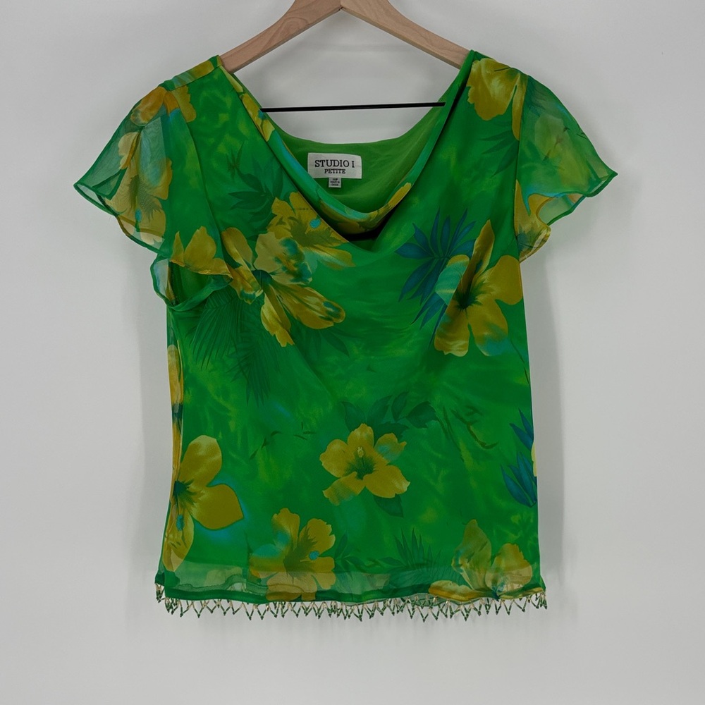 Studio I petites Vibrant Green and Yellow Floral Blouse beaded hem 14P